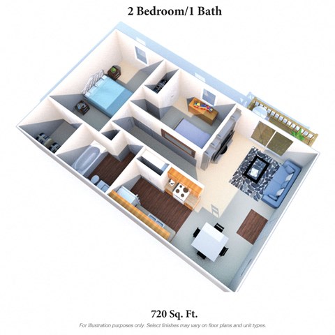 Floor plan for 2 beds, 1 bath, 720 sqft